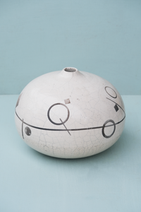 Large Round Raku Vase with Geometric Shapes