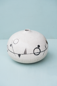 Large Round Raku Vase with Geometric Shapes